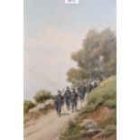 Pierre Comba, watercolour, French infantry in a mountain landscape, signed, 20ins x 13.5ins, gilt