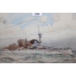 Framed watercolour of a battleship (HMS Revenge), monogrammed W.H., 10ins x 14.5ins