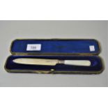 Sheffield silver and mother of pearl bread knife in a fitted case