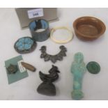 Roman disc brooch, bronze opium weight, an Egyptian ushabti figure (at fault) and sundries