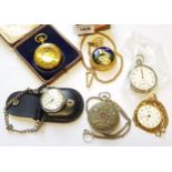 Nickel plated pocket watch together with five other modern pocket watches