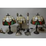 Pair of Corinthiun column table lamps, together with three other composite table lamps with