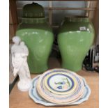 Pair of modern green glazed baluster form vases (one lacking cover), group of four various tin