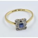 1930's 18ct gold and platinum sapphire and diamond set ring, the square sapphire surrounded by old