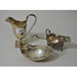 London silver George III style pedestal cream jug on square foot, Birmingham silver cream jug (at