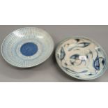 Two provincial Chinese blue and white dishes, the largest 9.75ins diameter, painted marks to bases