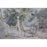 Pair of late 20th Century watercolours, garden gates and lane with figure and a cemetery,