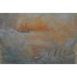 An unframed watercolour, maritime scene at sunset with sailing vessel, in the manner of J.W.M.