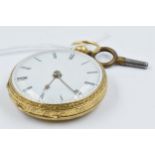 19th Century English small 18ct gold cased open faced key wind pocket watch, the enamel dial with