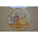 Miniature 19th Century circular mounted watercolour, lady and gentleman in a garden, 2ins