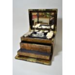 Victorian burr walnut brass mounted dressing case having hinged cover and fall front enclosing a
