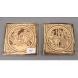 Pair of late 19th Century Minton's tiles decorated in brown and cream with scenes from