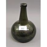 Antique olive green glass onion shaped wine bottle, 7.5ins high