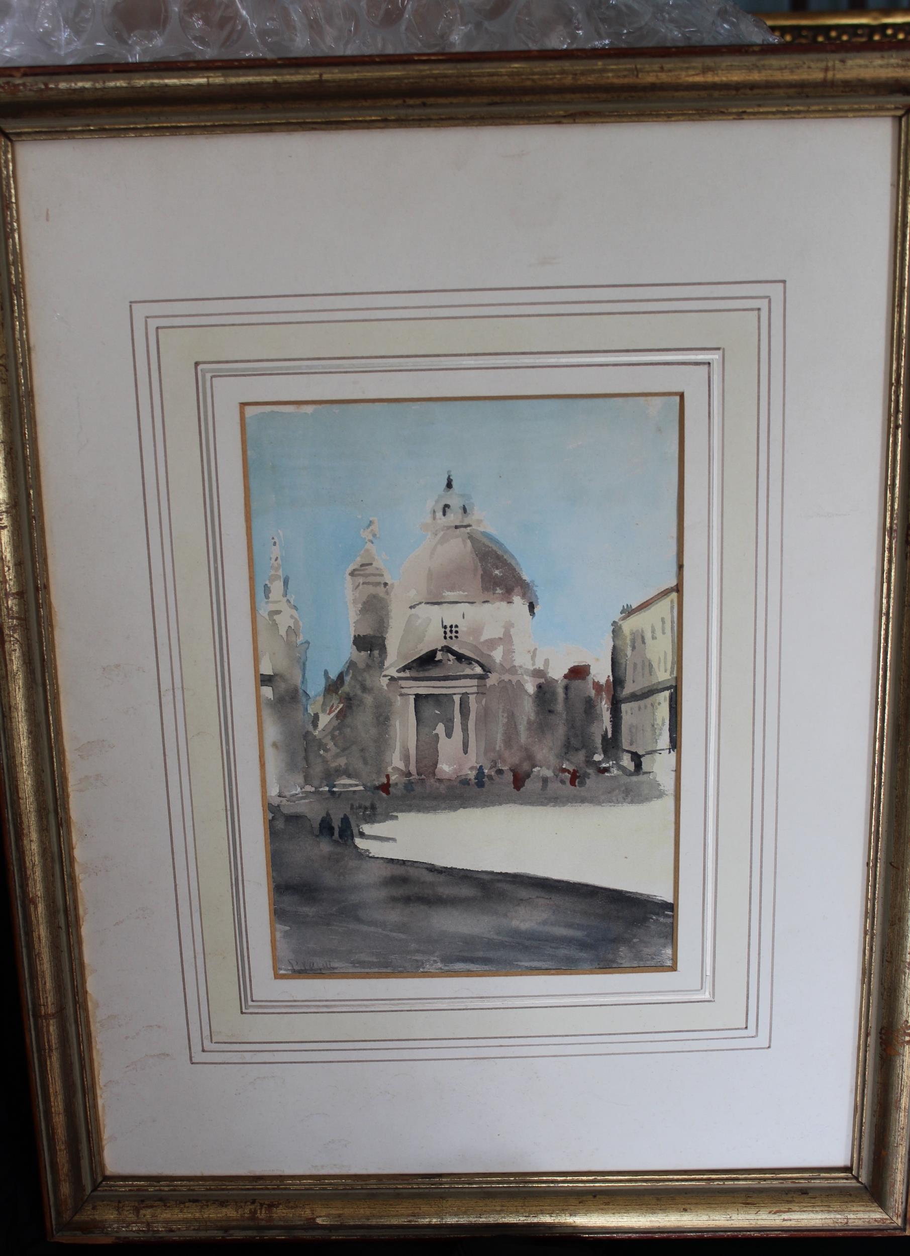 Hercules Brabazon Brabazon, watercolour, figures before a church in a piazza, indistinctly - Image 2 of 3