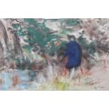 Framed gouache and charcoal, figure by a woodland lake, signed Ayrton, 9ins x 12ins