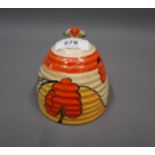 Clarice Cliff ' House and Bridge ' pattern honey pot and cover, 3.5ins high Minor loss to paint