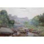 E.C. Heming, watercolour, distant view of a castle, 9ins x 13ins together with another, view of a