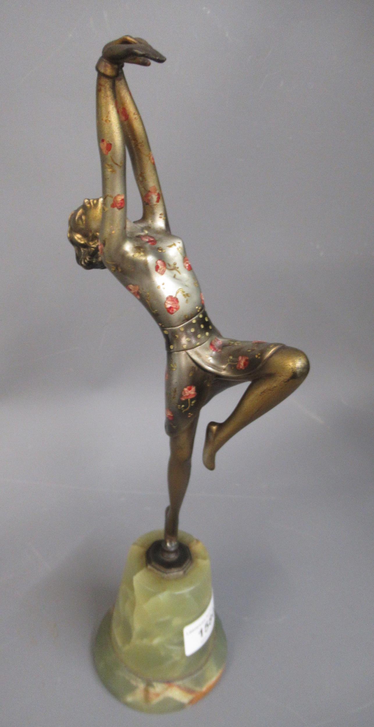 Josef Lorenzl, Art Deco bronze patinated and painted figure of a dancing girl, on green marble