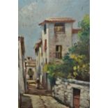 J. Javier ? oil on board, Continental street scene with a figure, 10.5ins x 6.5ins approximately,