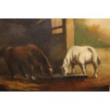 Maplewood framed oil, two horses feeding by a stable, 14ins x 18.5ins