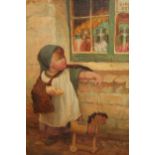 D. Sharp, 19th Century oil on canvas, study of a child with a toy horse before a sweet shop, signed,