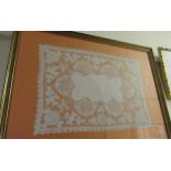 Collection of framed textile pictures including crochet work, embroidery and other items