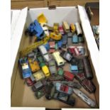Box of playworn Dinky model cars together with a telephone box and crane