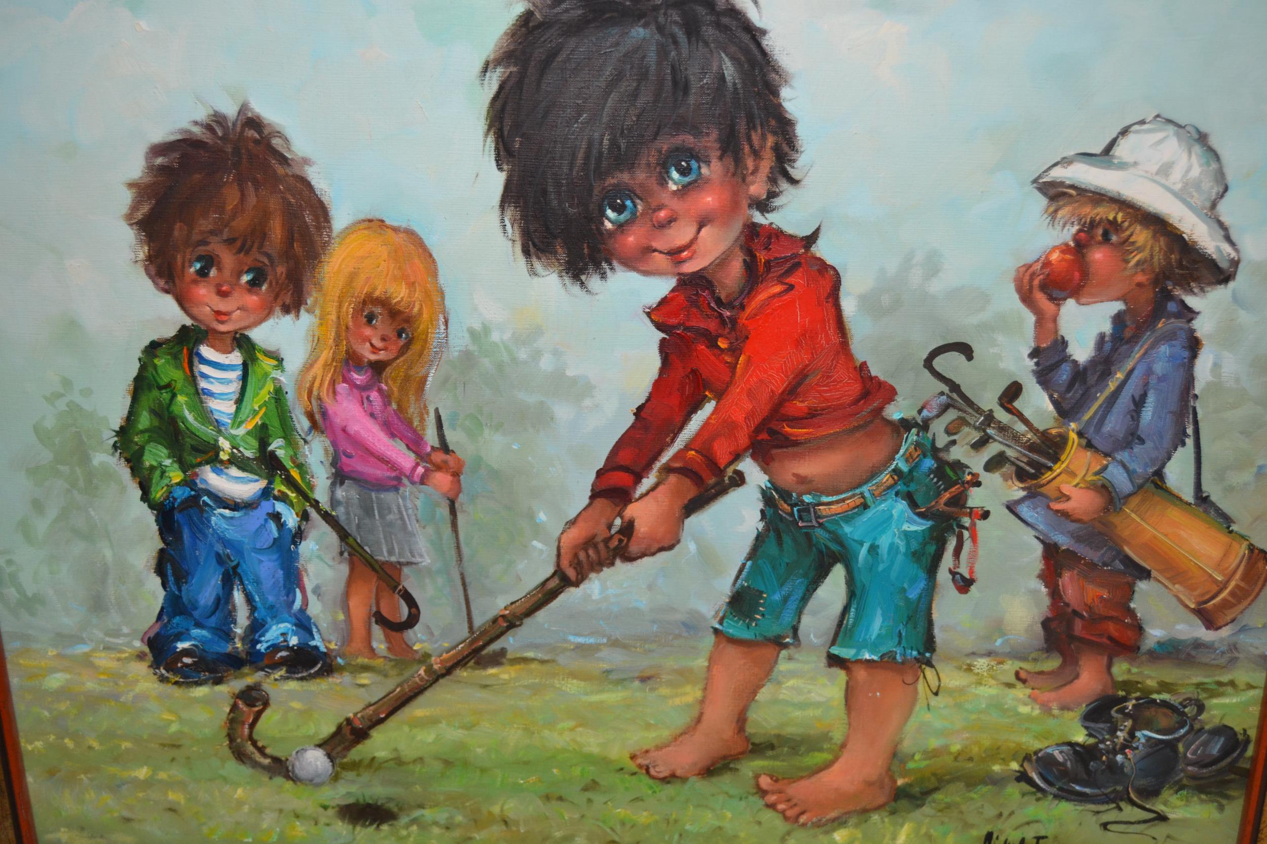 Michil Thomas oil on canvas, four children playing golf with walking canes and clubs, signed,
