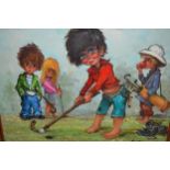 Michil Thomas oil on canvas, four children playing golf with walking canes and clubs, signed,