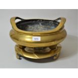 Large Chinese bronze two handled censer and matching stand, seal mark to base, 13ins x 8.5ins