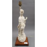 Chinese blanc de chine figure of a Goddess, 15ins high (with damages), later mounted as a table lamp