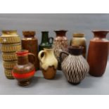 Group of nine various German stoneware Art pottery vases, the tallest 16.5ins