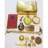 Silver open face pocket watch, nickel plated pocket watch and sundries