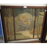 Arts and Crafts silkwork triptych depicting a figure in a landscape, oak framed, 26ins x 25.25ins