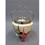 Clarice Cliff ' Applique Idylle ' biscuit barrel and cover with plated mounts, 9ins high overall
