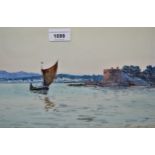 A. Roy, watercolour, coastal scene with figure in a sailing boat to the foreground, 8.25ins x 18.