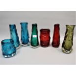 Collection of five Whitefriars tall knobbly vases in various colours including a rare sage green and