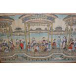 Chinese handpainted watercolour on print base of various figures in a temple, 24ins x 39ins, gilt