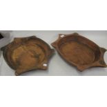 Pair of native carved circular shaped edge wooden shallow bowls, 15ins diameter