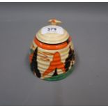 Clarice Cliff ' Orange Trees and House ' pattern honey pot and cover, 3.5ins high Minor loss to