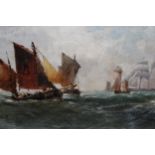 19th Century oil on canvas laid onto board, maritime scene with fishing boats on the open sea, heavy