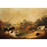 Frank Cassell, pair of oil paintings on canvas, terriers rabbiting and gun dogs putting up duck,