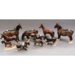 Three Beswick figures of Shire horses together with six other similar figures Various damages to