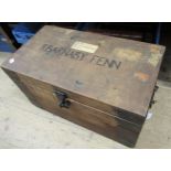 Small metal mounted wooden trunk labelled to the top Eric Fenn and inscribed R. Barnaby Fenn (Eric