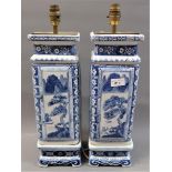 Pair of modern Chinese porcelain blue and white decorated table lamps of square form, 17ins high