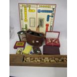 Cased pair of Wray binoculars, a vintage fishing game in a wooden box and other miscellaneous