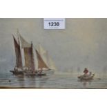 19th Century watercolour, shipping on calm waters with figures in open boats, 6.5ins x 9.5ins