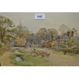 Fred Kerr, watercolour, shepherd and flock in a village high street, signed, 9.5ins x 13.5ins,