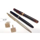 Silver cased Parker ballpoint pen, two other fountain pens and a pair of silver cufflinks