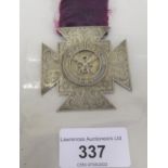 Masonic silver merit medal on purple ribbon presented by the Brothers of Lodge 478AOD 1889 (at